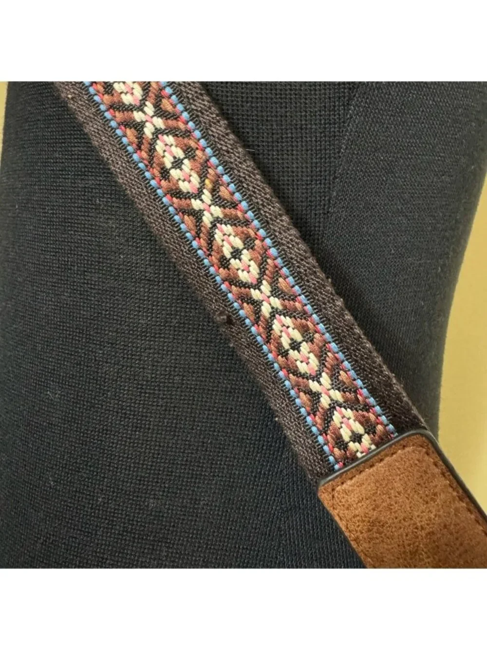 Boho Brown Crossbody Bag Guitar Strap Faux Leather Tassel Textile